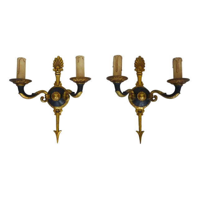 Empire Double-Light Bronze Arrow Wall Sconces, 1950s, Set of 2 For Sale