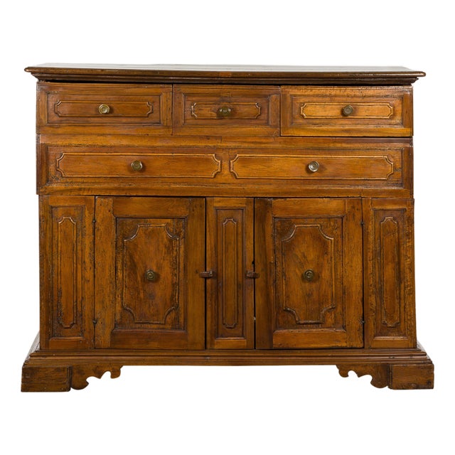 Italian 18th Century Walnut Credenza with Four Drawers, Two Doors, Bracket Feet For Sale