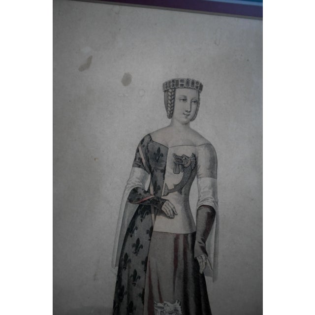 Gothic Framed Antique Anne of Auvergne, Dauphine De Bourbon, Medieval Fashion Print Plate Royalty For Sale - Image 3 of 9