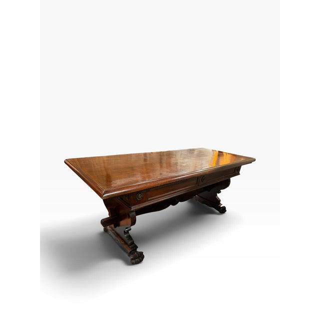 Antique Italian Carved Walnut Trestle Library Dining or Writing Table - Paw Feet For Sale - Image 11 of 15