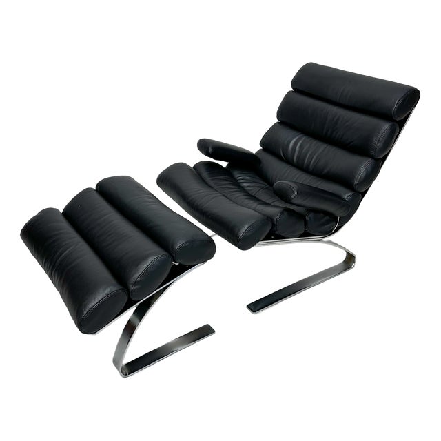 Set of Black Leather Sinus Lounge Chair and Ottoman by Reinhold Adolf for COR, 1970s For Sale