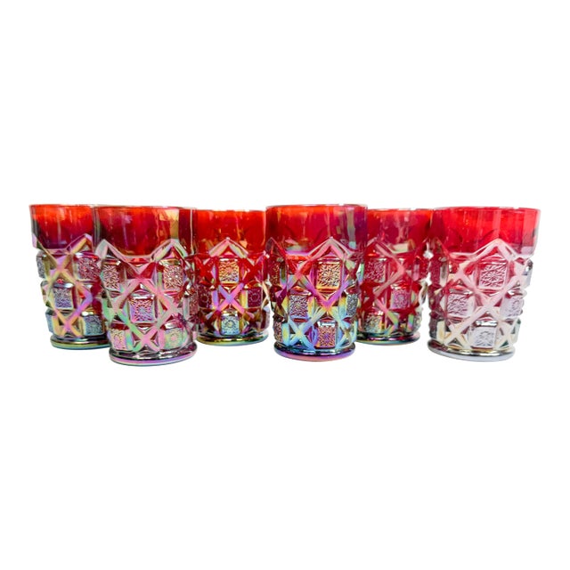 1970s Mid Century Modern Westmoreland Ruby Carnival Heavy Iridescent Glasses - 6 Pieces For Sale