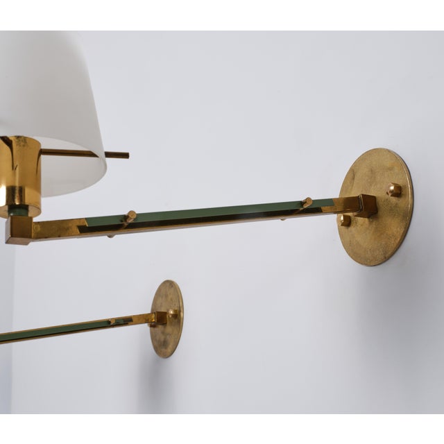 Italian Brass, Green Metal and Opaline Glass Wall Sconces, 1950s, Set of 2 For Sale - Image 13 of 14
