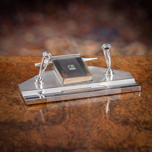 20th Century Art Deco English Silver Desk Set & Mechanical Pencil, London, 1936 , Set of 2 For Sale - Image 15 of 16
