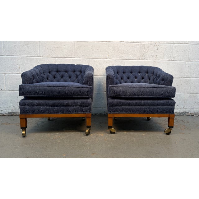 Mid-Century Modern Mid-Century Modern Rolling Tufted Barrel-Back Club Chairs For Sale - Image 3 of 14