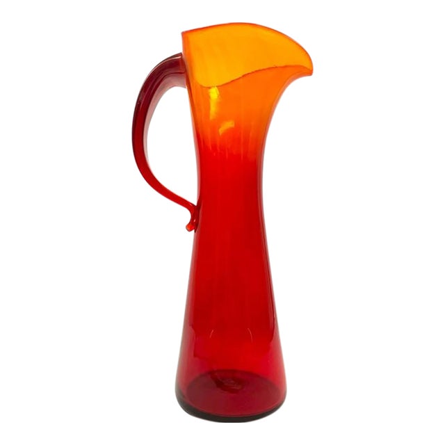 Vintage Blenko Orange Red Tall Triangle Top Pitcher Vase Handblown Art Glass For Sale