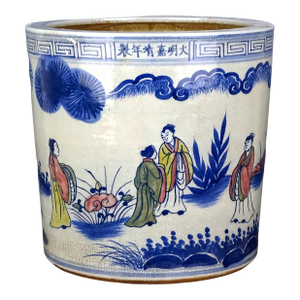 Chinese Vintage Ceramic Pen Holder,Ming Dynasty Jiajing Marked Blue and White Doucai Porcelain Brush Pot Hand Painted Figures Pattern