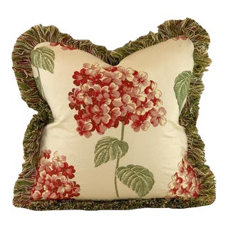 Kravet Maxwell Fabrics Green Red Yellow Botanical Hydrangea Floral W/ Brush Fringe Pillow Cover For Sale