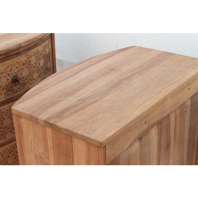 Wood Set of 2, Reclaimed Wood Bow Front Carved Bedside Dressers For Sale - Image 7 of 11