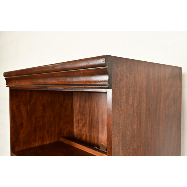 Brown Henredon Style Mid-Century Modern Hollywood Regency Campaign Burled Walnut Bookcase With Drop Front Secretary Desk, Circa 1970s For Sale - Image 8 of 15