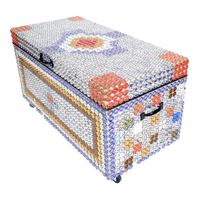 Modern Folk Art Beer Bottle Caps Wood Blanket Chest on Casters For Sale