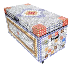 Modern Folk Art Beer Bottle Caps Wood Blanket Chest on Casters