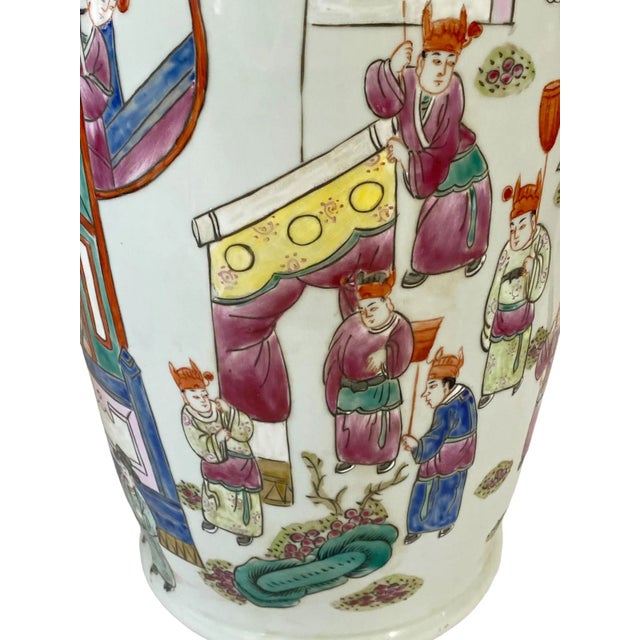 Rose Chinoiserie Famille Rose Enamel Vase W/Figures 24" H For Sale - Image 8 of 12