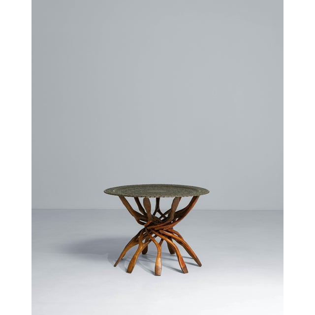 1960s African Hand-Carved Interlocking Wooden Table With Brass Top For Sale - Image 17 of 18