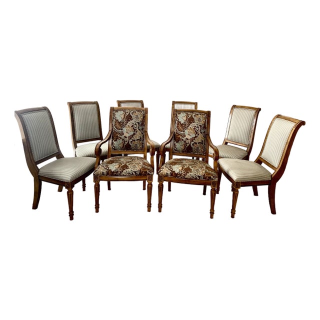 Ethan Allen Vintage French Regency Louis XVI Style Carved Wood & Beautifully Upholstered Set of Eight Chairs Excellent Mint Condition For Sale