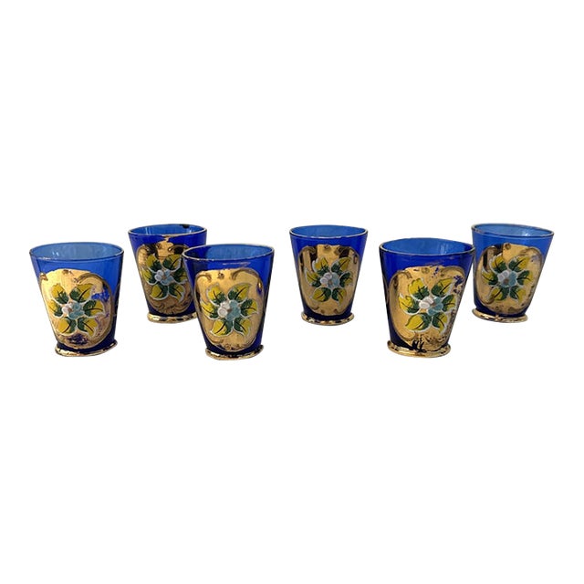 Mid-Century Murano Cobalt Blue Tre Fuochi Shot/Cordial Glasses, Set of 6 For Sale