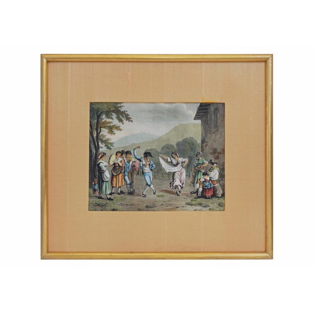Antique Italian Lithograph Hand-Colored Set of 4 Traditional Dances & Games Silk Mats Gilt Frames For Sale - Image 14 of 16