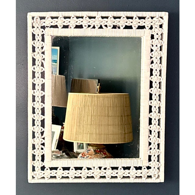Boho Chic White Woven Wicker Wall Mirror – Vintage Coastal For Sale - Image 3 of 6
