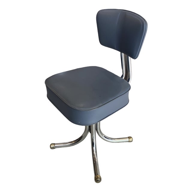 Vintage Swivel Office Chair in Grey Chrome Faux Leather in the style of Roneo, 1950s For Sale