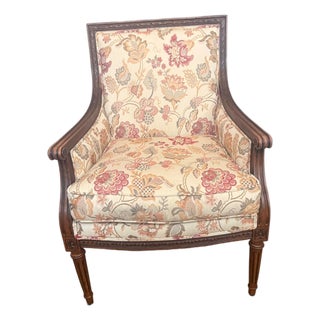 Ethan Allen Neoclassical Style Bergere Lounge Chair With Floral Upholstery For Sale