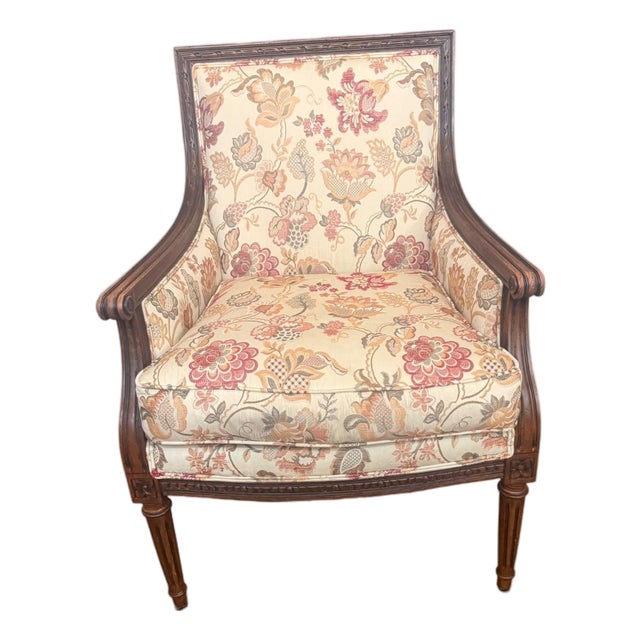 Ethan Allen Neoclassical Style Bergere Lounge Chair With Floral Upholstery For Sale