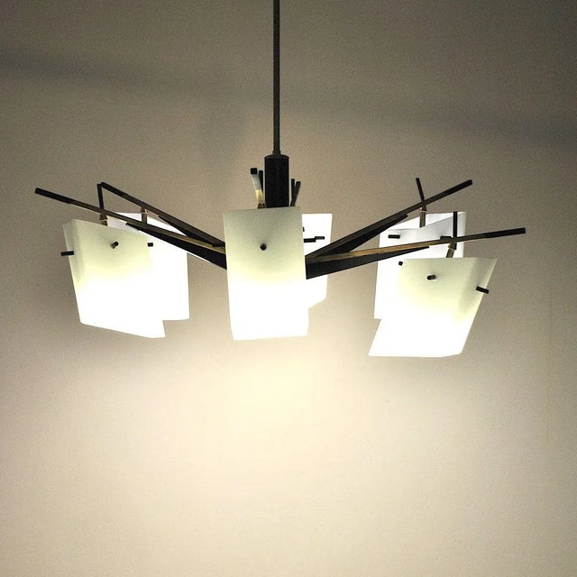 Brass, Wood, and Opaline Glass Pendant Lamp by Stilux, 1960s For Sale - Image 12 of 14