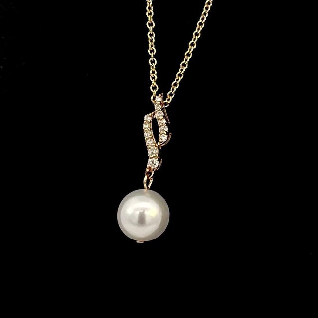 Natural Solitaire Akoya Pearl Diamond Pendant Set 18" 14k YG 8.02 mm Certified For Sale - Image 4 of 6