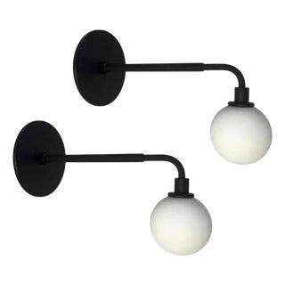 Pair of Long Bent Arm Sconces by Research.Lighting, Black, Glass, Mid Century Modern For Sale