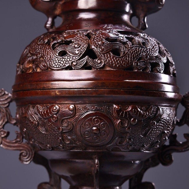 Metal Vintage Bronze Tripod Censer With Dragon Motif - 28cm For Sale - Image 7 of 9