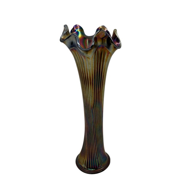 Fenton Art Glass Company 1930s Antique Fenton Irridescent Ruffled Glass Vase For Sale - Image 4 of 11