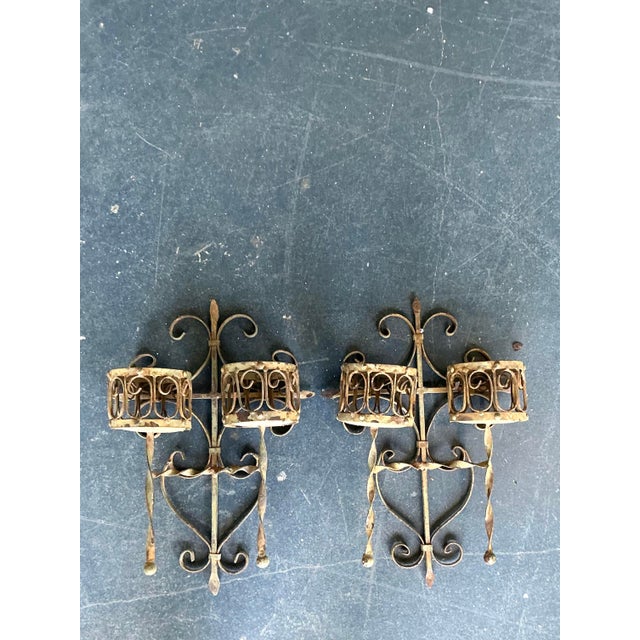 Vintage Boho Distressed Wrought Iron Candle Sconces- A Pair For Sale In West Palm - Image 6 of 12