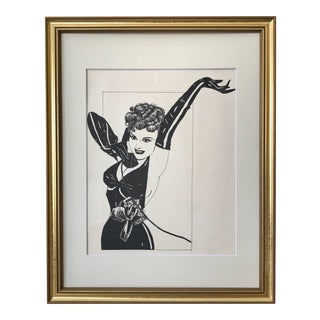 Vintage Mid Century Ink Drawingorous Woman For Sale