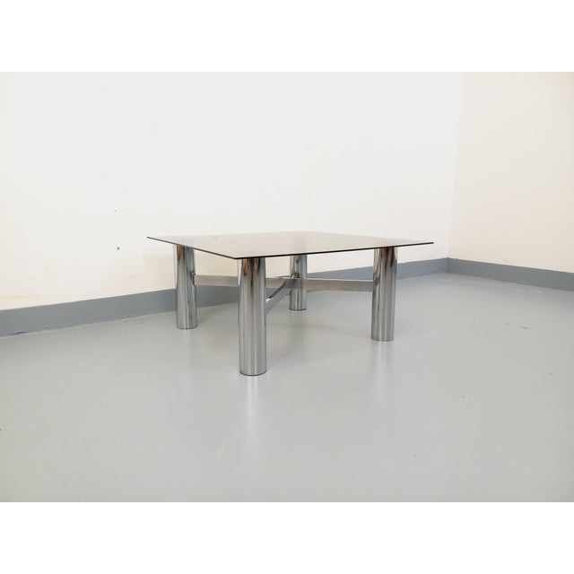 Vintage Italian Space Age Square Coffee Table in Smoked Glass and Chromed Metal, 1970s For Sale - Image 6 of 18