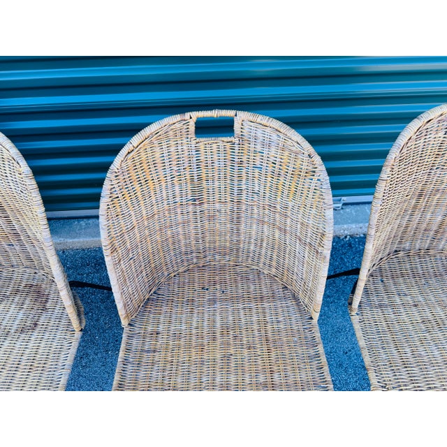 Vintage 1950s Wicker & Iron Table With 4 Chairs in the Style of Frederick Weinberg. Very rare wicker and rattan dining set...