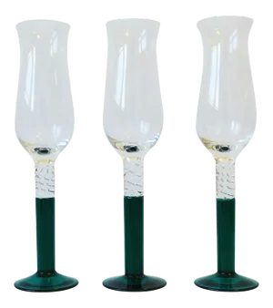 1990s Emerald Green Art Glass Champagne Flutes Glasses Barware - Set of 3