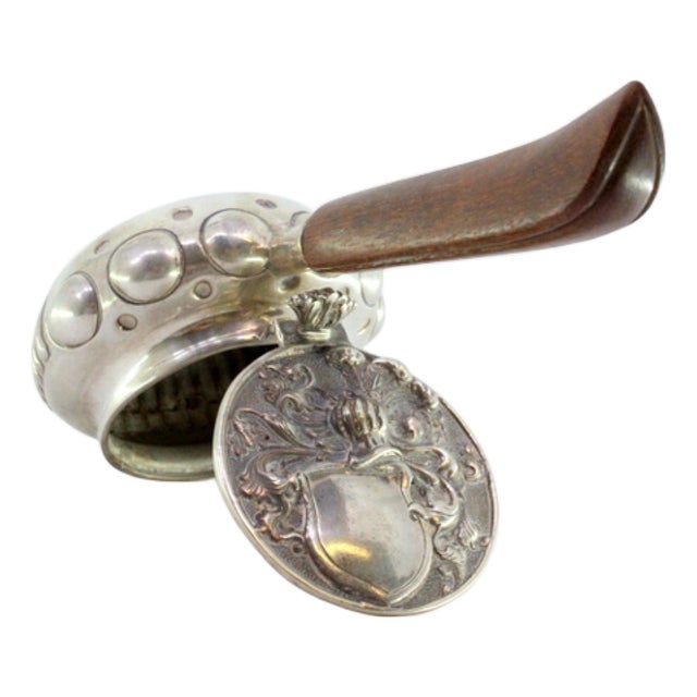 Silver Embossed Whisk with Helmet and Feathers Lid, Monogram Card and Wooden Handle For Sale