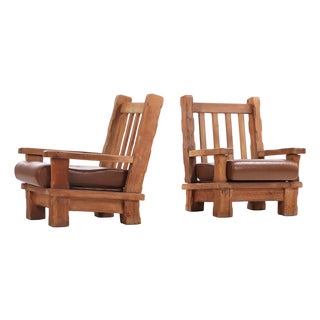 A Pair of French Brutalist Style Oak Armchairs, C. 1960. For Sale