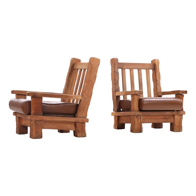 A Pair of French Brutalist Style Oak Armchairs, C. 1960. For Sale