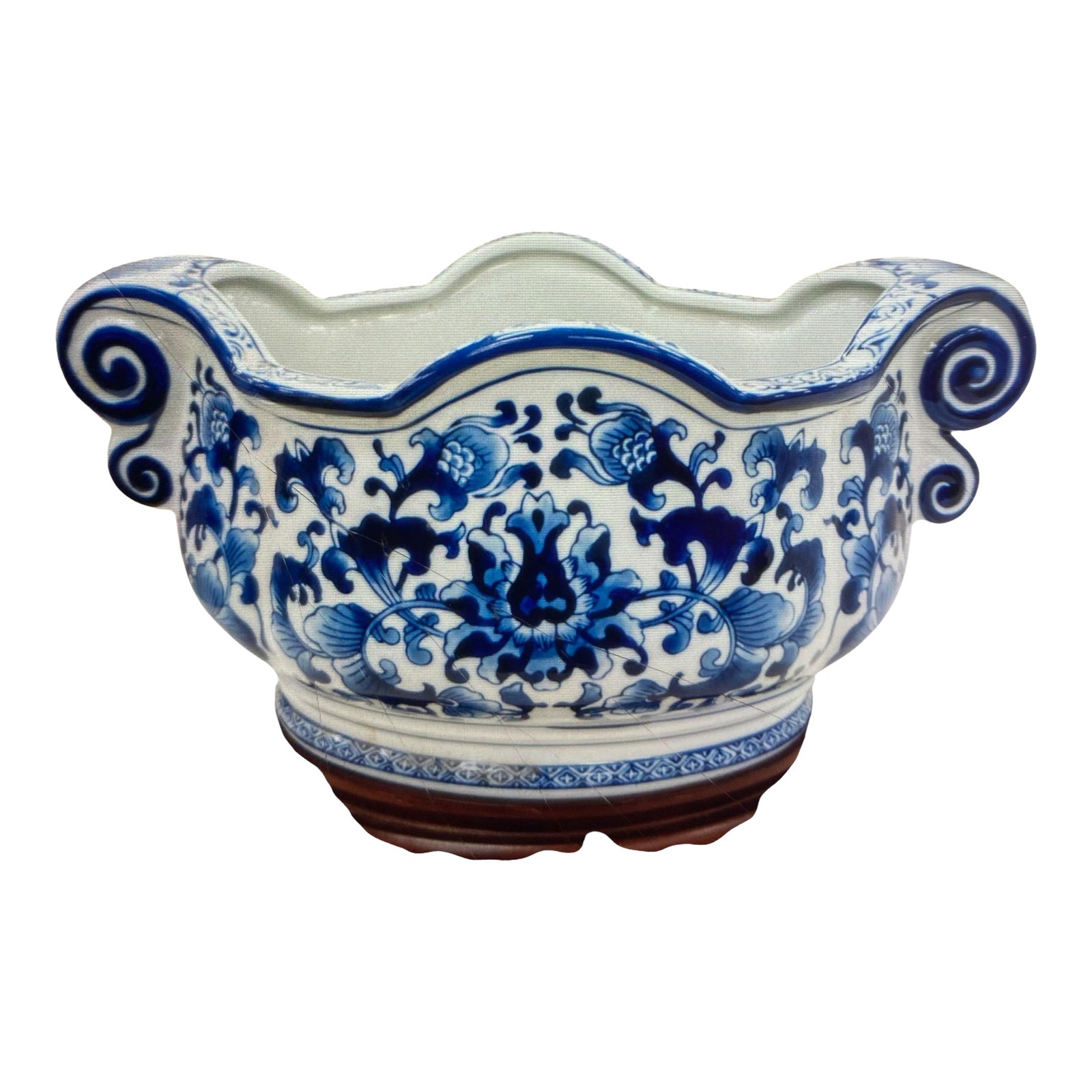 Large Chinoiserie Bombay Blue and White Ceramic Cachepot With Stand ...