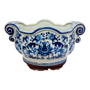 Large Chinoiserie Bombay Blue and White Ceramic Cachepot With Stand
