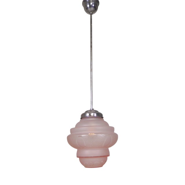 Art Deco Pendant Lamp with Pink Glass Shade, 1930s For Sale