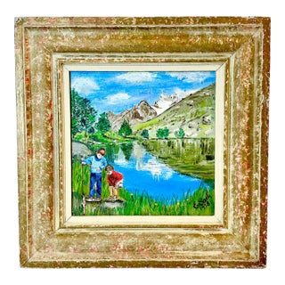 1978 Vintage Impressionist Original Oil Painting of Boys Fishing by E. Sack. For Sale