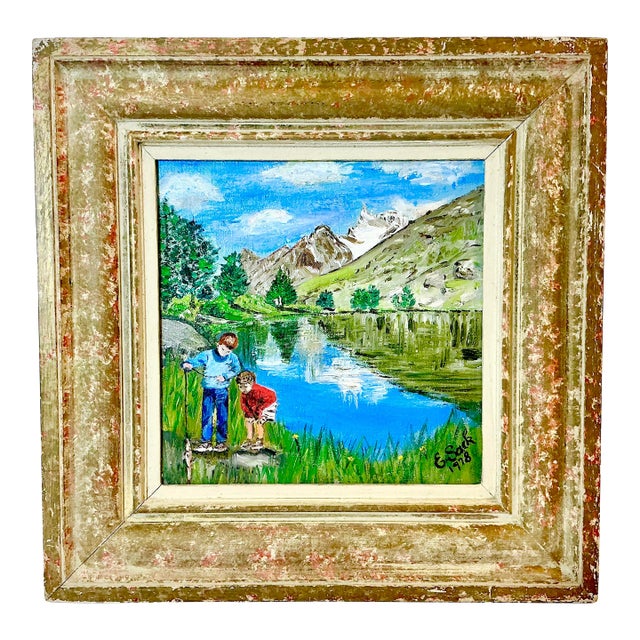 1978 Vintage Impressionist Original Oil Painting of Boys Fishing by E. Sack. For Sale