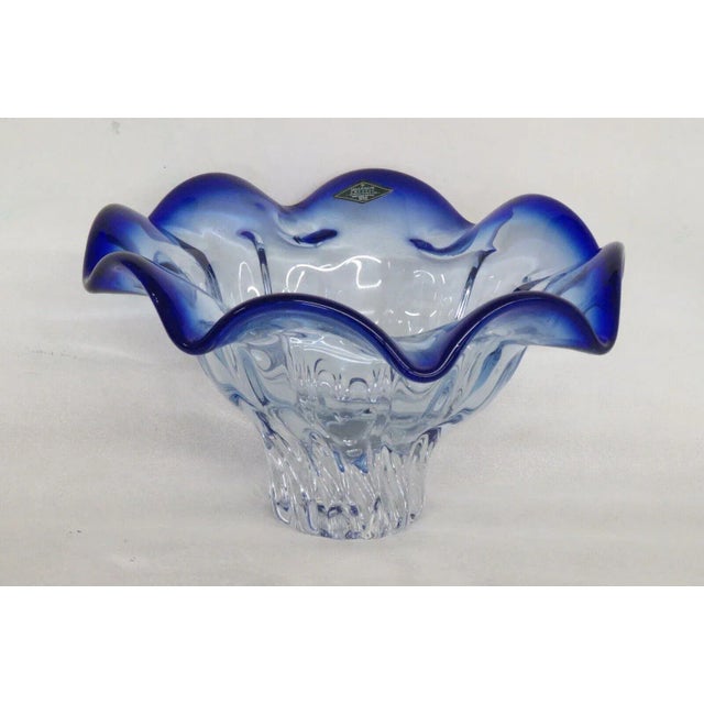 Transparent Shannon Crystal Designs of Ireland Clear With Blue Ruffled Rim Bowl Poland For Sale - Image 8 of 13