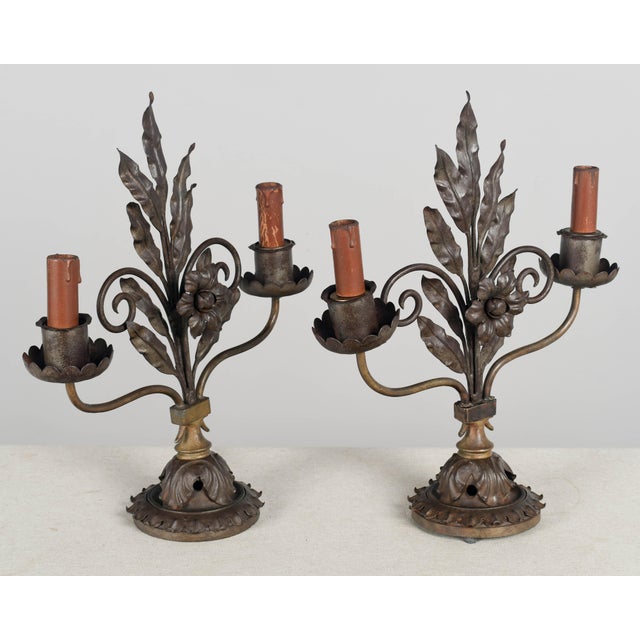 1930s Pair of Rustic Art Deco Iron Candelabra For Sale - Image 5 of 9