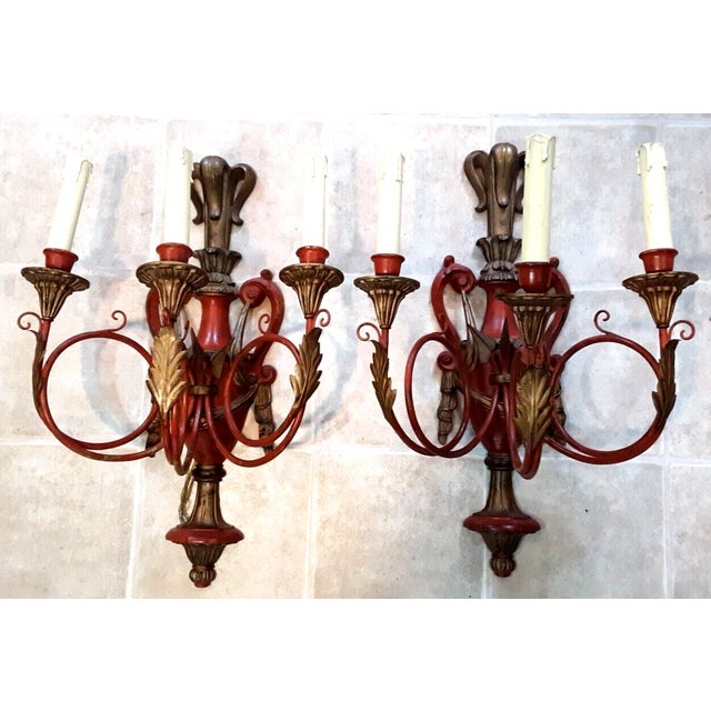 Pair 19thc Monumental French Gilt & Patinated Bronze Louis XV - XVI Transitional Wall Sconces. Scrolled motif with...