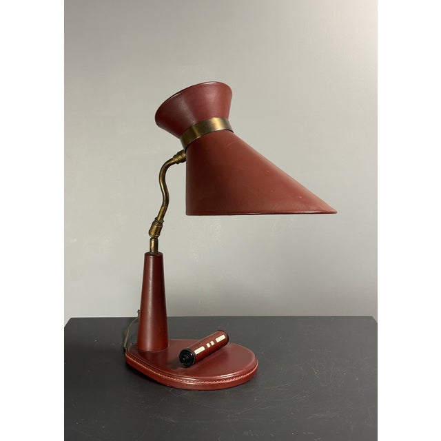 Metal Mid-Century French Red Leather Wrapped Desk Lamp attributed to Jacques Adnet, 1950s For Sale - Image 7 of 18