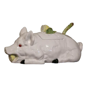 Vintage Italian Majolica Porcelain Pig-Form Soup Tureen With Lid and Ladle