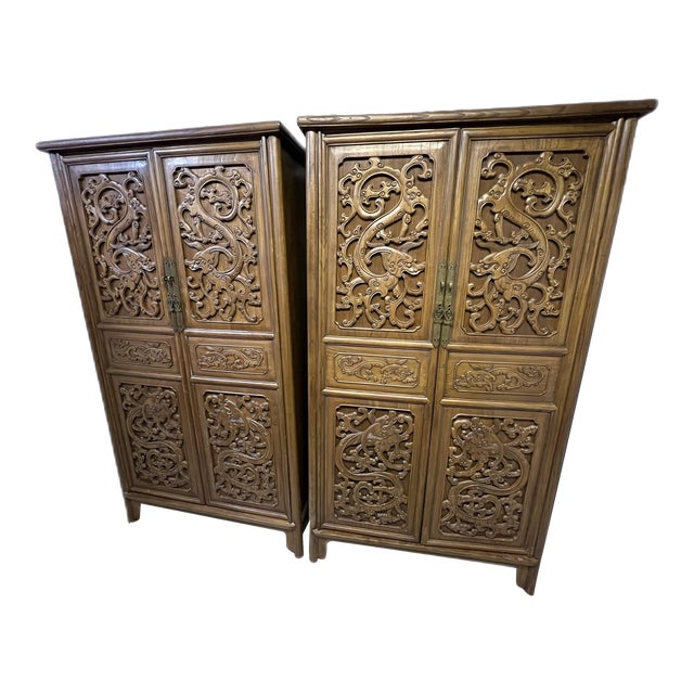 Pair of 1990's Ming Dynasty Style Elm Tapered Cabinets With Hand Carvings of Dragons For Sale
