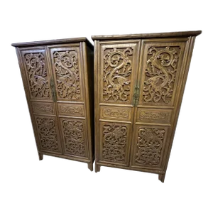 Pair of 1990's Ming Dynasty Style Elm Tapered Cabinets With Hand Carvings of Dragons